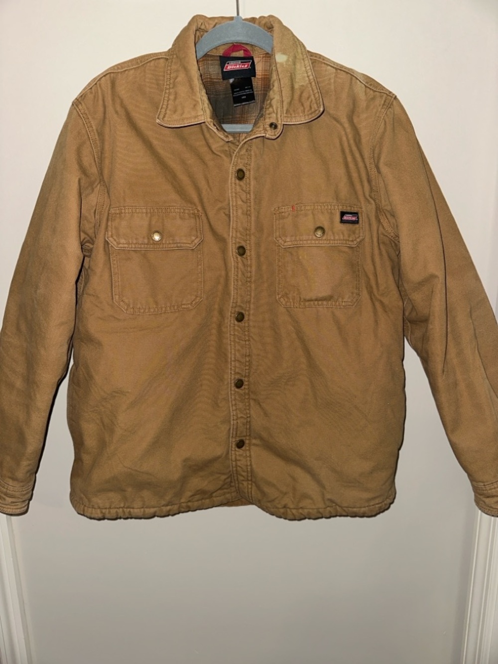 Dickies Work Jacket Tan Canvas Flannel Lined Distressed Men’s L/G Rugged